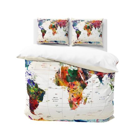 Watercolor World Map With Place Names Bedding Set
