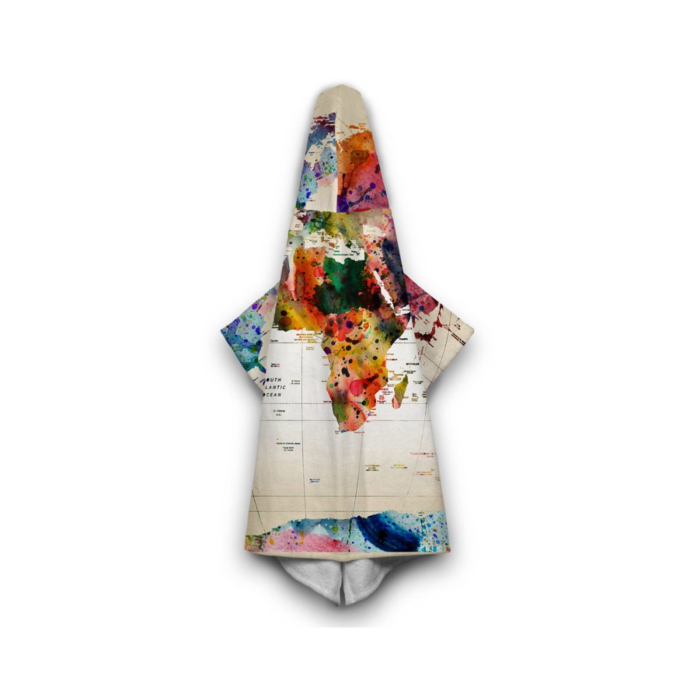 Watercolor World Map Hooded Blanket