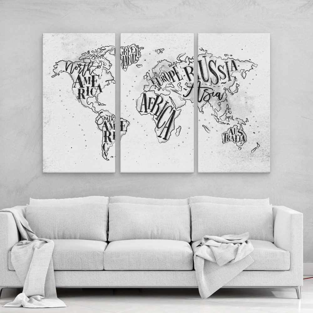 World Map Continent Names 3 Panel Canvas Set