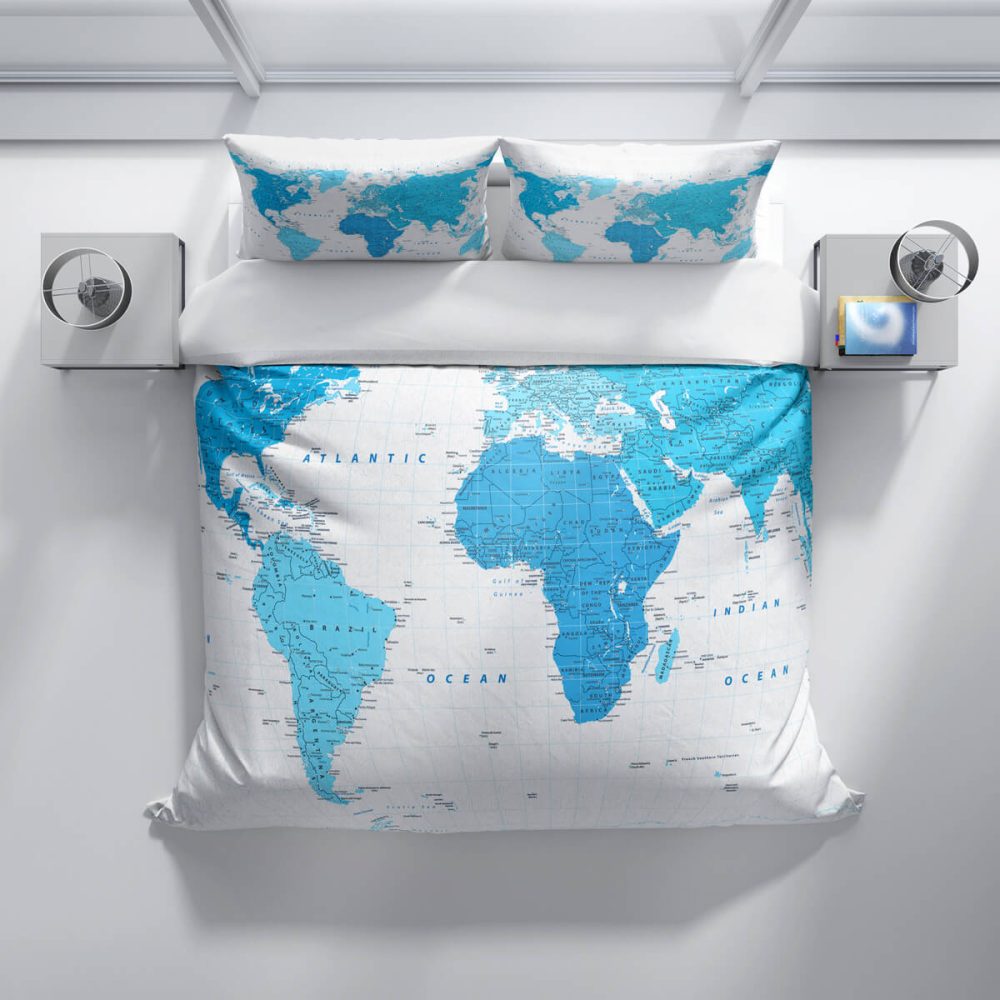Blue World Map With Place Names Duvet Bedding Set