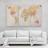 Colored Detailed World Map 3 Panel Canvas Set