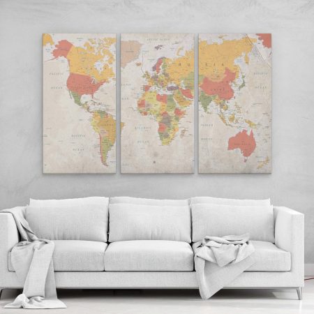 Colored Detailed World Map 3 Panel Canvas Set