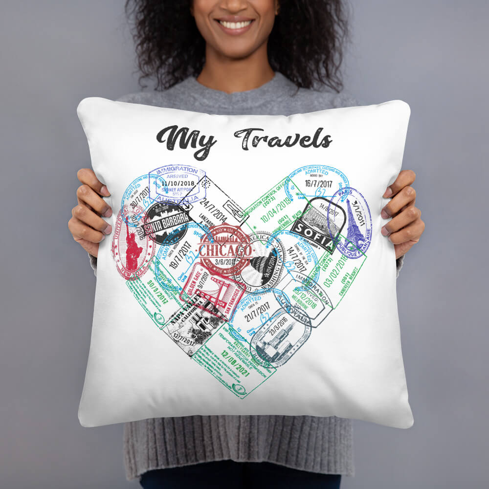 Passport Stamp Heart Personalized Pillow